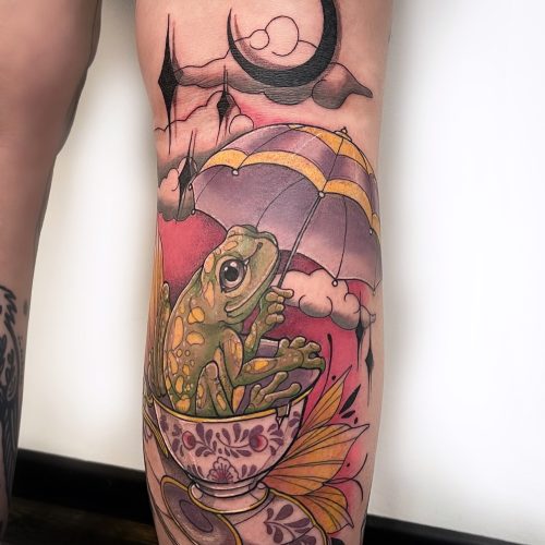 Frosch mit Regenschirm Tattoo von Charmaine Désirée Tattoo